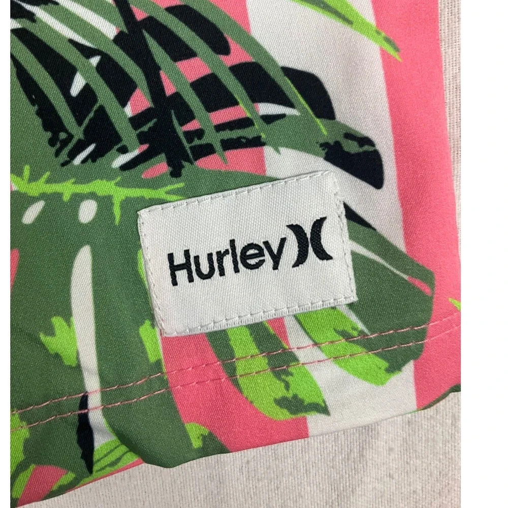 Hurley Boys Pink Tropical Stripe 4-Way‎ Stretch Swim Trunks Board Shorts Large L
